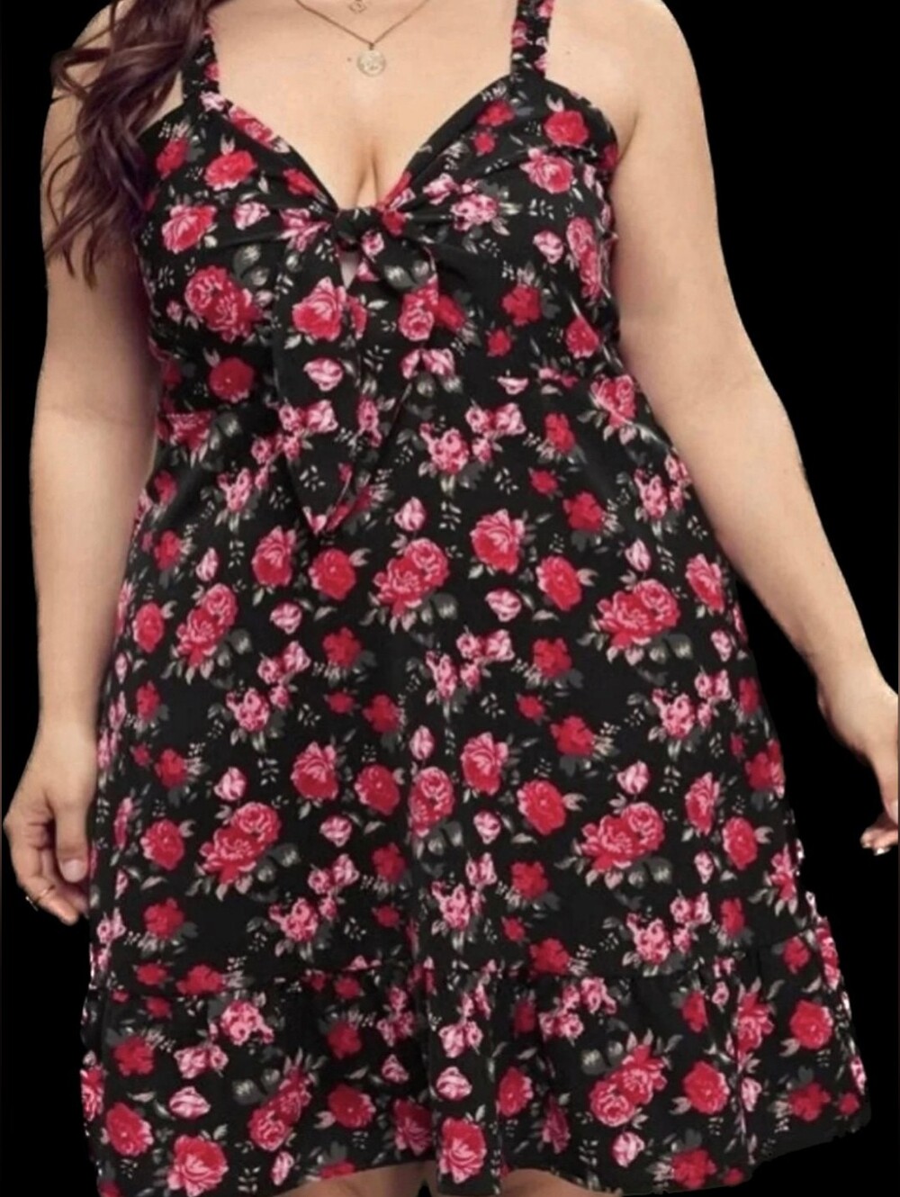 Black Rose Print Tie-Front Mini Sundress